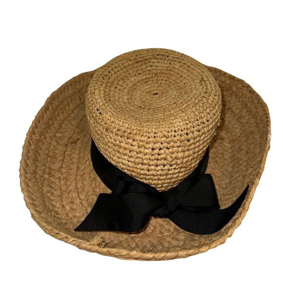VINTAGE Ann Taylor Straw Hat Womens Brown Raffia Weave Grosgrain Bow 1980